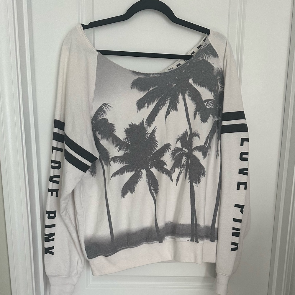 PINK White Palm Tree Off-Shoulder Sweatshirt - Picture 2 of 5